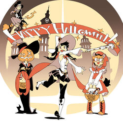  4girls akko_kagari animal_ears basket boots dress glasses halloween hat jack-o&#039;-lantern little_witch_academia lotte_yanson multiple_girls official_art pumpkin shiny_chariot skirt smile sucy_manbabalan tail top_hat trigger_(company) wand witch_hat yoshinari_you 