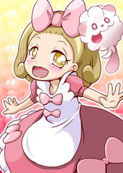  blonde_hair blush bow commentary_request dress dress_bow fairy_tale_girl_(pokemon) female hairbow large_bow lolicon looking_at_viewer open_mouth photoshop_(medium) pink_bow pokemon pokemon_(creature) smile soboro_(jitome_dan) swirlix yellow_eyes 