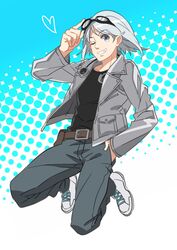  1boy animification bad_id bad_pixiv_id blue_eyes goggles goggles_on_head grey_eyes grey_hair male_focus marvel one_eye_closed peter_maximoff quicksilver shoes sneakers solo x-men x-men:_days_of_future_past yukko93 