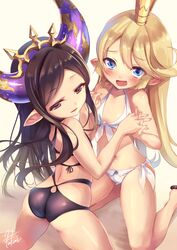  2girls arulumaya ass bad_id bad_pixiv_id bikini black_hair blonde_hair blue_eyes blush charlotta_(granblue_fantasy) fukai_ryosuke granblue_fantasy harvin kneeling long_hair multiple_girls open_mouth pointy_ears red_eyes swimsuit tall_crown 