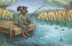  2018 abigfathen anthro biped bird_dog black_body black_claws black_fur black_pawpads blue_bottomwear blue_clothing bobber bottomwear canid canine canis cattail_(plant) claws clothed clothing day digital_media_(artwork) domestic_dog eyebrows eyelashes female fishing fishing_rod fur green_clothing green_topwear hair half-closed_eyes holding_object hoodie hunting_dog labrador leg_tuft lily_pad mammal narrowed_eyes neck_tuft outside pawpads pier plant ponytail reeds retriever seaside shorts sitting smile solo toe_claws tongue tongue_out topwear tree tuft water 