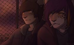  2013 amber_eyes avoid_posting brown_hair cheetah cigarette city domestic_cat ear_piercing felid feline felis hair male mammal metz night piercing purple_hair raining reyne romantic romantic_ambiance romantic_couple smoking val 