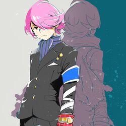  2boys armband back-to-back bandaged_arm bandages commentary_request concrete_revolutio dual_persona formal hair_over_one_eye hitoyoshi_jirou itumu multiple_boys pink_hair scarf short_hair suit watch wristwatch 