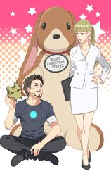  1boy animification bad_id bad_pixiv_id beard black_hair facial_hair female formal freckles iron_man jacket marvel marvel_cinematic_universe mask pencil_skirt pepper_potts ponytail skirt skirt_suit stuffed_animal stuffed_rabbit stuffed_toy suit tony_stark yukko93 