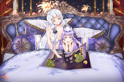  :o aerial_fireworks arm_support azur_lane bangs bare_shoulders bed black_ribbon blue_eyes blush book breasts closed_mouth collarbone commentary_request crescent dress eyebrows_visible_through_hair fireworks hair_bun hair_ribbon head_tilt illustrious_(azur_lane) indoors large_breasts long_hair looking_at_viewer multiple_girls night night_sky on_head one_side_up open_book parted_lips pillow pop-up_book purple_eyes purple_hair ribbon shizi_suky side_bun signature silver_hair sitting sky sleeveless sleeveless_dress smile stuffed_alicorn stuffed_animal stuffed_toy under_covers unicorn_(azur_lane) very_long_hair white_dress window 