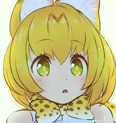  animal_ears bare_shoulders blonde_hair bow bowtie commentary_request female kemono_friends kuzumochiko portrait print_bow print_bowtie serval_(kemono_friends) serval_print short_hair solo sparkling_eyes two-tone_bowtie white_bow white_bowtie yellow_bow yellow_bowtie 