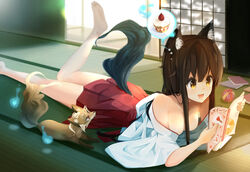  animal_ears black_hair breasts cleavage commentary_request female hakama hakama_short_skirt hakama_skirt highres indoors japanese_clothes long_hair lying medium_breasts on_stomach onasuba open_mouth original red_hakama skirt solo tail tatami yellow_eyes 