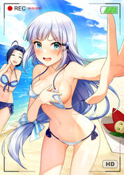  2girls absurdres ahoge bad_id bad_pixiv_id bare_shoulders bikini blue_bikini blue_eyes blue_hair blue_sky blush breast_hold breasts cleavage closed_eyes collarbone commentary_request covering_breasts covering_privates day grey_hair hair_ornament hairclip highres idolmaster idolmaster_(classic) idolmaster_million_live! idolmaster_million_live!_theater_days jai_(whany1998) jewelry large_breasts long_hair looking_at_viewer medium_breasts miura_azusa multiple_girls necklace ocean open_mouth outdoors outstretched_arm parted_bangs photoshop_(medium) recording shiraishi_tsumugi short_hair sky smile striped_bikini striped_clothes sunlight swimsuit wardrobe_malfunction white_bikini 