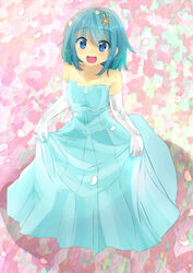  :d alternate_costume bare_shoulders blue_eyes blue_hair commentary_request dress elbow_gloves female gloves hair_ornament hairclip highres jewelry mahou_shoujo_madoka_magica mahou_shoujo_madoka_magica_(anime) miki_sayaka open_mouth petals ring short_hair smile solo sonyntendo 