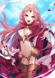  :d antweiyi armor bad_id bad_pixiv_id bikini_armor blue_sky breasts brown_eyes brown_thighhighs cleavage cloud day female garter_straps headpiece long_hair medium_breasts midriff navel open_mouth original outdoors outstretched_hand petals photoshop_(medium) pink_hair red_eyes scepter sky smile solo standing thighhighs wide_sleeves 