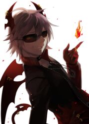  1boy backlighting brown_hair choker commentary_request demon_boy emalf_(funamusea) fire funamusea glasses haiiro_teien horn_piercing horns jacket leather leather_jacket male_focus piercing sharp_teeth smile solo sunglasses teeth tekki_(tki) 