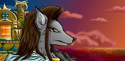  2015 ambiguous_gender anthro canid canine canis digital_media_(artwork) fur hair long_hair mammal plutan sea sellon sky solo sunset water wolf 