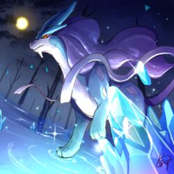  1:1 all_fours ambiguous_gender barefoot crystal detailed feet feral forest generation_2_pokemon inosuke0101 iridescent iridescent_crystal iridescent_water legendary_pokemon moon night nintendo nude outside plant pokemon pokemon_(species) red_eyes solo sparkles suicune tree water 