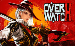  ashe_(overwatch) breasts commentary_request copyright_name cowboy_hat earrings female fingerless_gloves gloves gun hat highres holding holding_gun holding_weapon jewelry kaburagi_yasutaka looking_at_viewer medium_hair mole overwatch overwatch_1 parody power_connection red_dead_redemption red_eyes solo vest weapon white_hair 