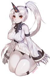  abyssal_ship alternate_hairstyle bare_shoulders breasts claws commentary_request covered_nipples detached_sleeves dress female highres horns kantai_collection large_breasts long_hair looking_at_viewer mukka pale_skin ponytail red_eyes ribbed_dress seaport_princess short_dress simple_background single_horn solo very_long_hair white_background white_hair 