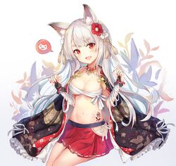  absurdres aiguillette animal_ears azur_lane bad_id bad_twitter_id bandaged_arm bandages braid breasts buckle claw_pose cleavage cloak clothing_cutout collar cowboy_shot dana_(hapong07) female fingerless_gloves floating_hair flower gloves groin hair_flower hair_ornament head_tilt heart_collar highres long_hair looking_at_viewer medium_breasts microskirt nail_polish navel oerba_yun_fang official_alternate_costume pleated_skirt red_eyes sarashi side_cutout sidelocks skirt smile solo spiked_collar spikes stomach tail tassel tattoo thick_eyebrows thighs underboob white_hair wrist_straps yuudachi_(azur_lane) yuudachi_(shogun_of_snowballs)_(azur_lane) 