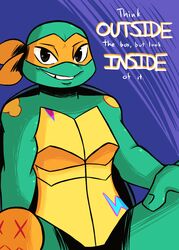  2018 anthro bandana biped box_turtle brown_eyes clothing dialogue english_text hand_on_leg hi_res humor inkyfrog kerchief looking_at_viewer male markings mask michelangelo_(rottmnt) michelangelo_(tmnt) ornate_box_turtle pun reptile rise_of_the_teenage_mutant_ninja_turtles scalie shell simple_background sitting smile solo spread_legs spreading teenage_mutant_ninja_turtles text tooth_gap turtle 