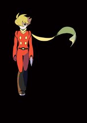  1boy absurdres ahoge black_background blonde_hair boots brown_footwear closed_mouth cyborg_009 energy_gun full_body highres male_focus oomura_yuusuke ray_gun scarf serious shimamura_joe simple_background solo walking weapon yellow_eyes yellow_scarf 