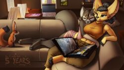  16:9 abs anthro barefoot big_breasts black_body black_fur black_hair blue_eyes breasts canid canine closed_eyes clothing crib cuddling digital_media_(artwork) dipstick_tail domestic_pet dress feet female female/female fenavi_montaro fennec_fox feral feretta fingerless_(marking) fox fur fur_pelt furniture gloves_(marking) grey_body grey_fur group hadanin hair herm_(lore) hi_res home leg_markings mammal markings midriff multicolored_body multicolored_fur navel on_sofa orange_body orange_fur red_fox shaded silver_fox socks_(marking) sofa tail tail_markings tale_of_tails toeless_(marking) true_fox vixavil_hayden whiskers white_body white_fur widescreen yellow_body yellow_fur 