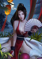  1girls arm_guards big_breasts black_hair breasts brown_eyes busty cleavage curvaceous curvy dress fan fatal_fury female female_only grass holding_fan human king_of_fighters large_breasts legs_spread long_hair mai_shiranui pink_lips pinup ponytail qianyu_mo red_dress sitting snk solo spread_legs thighs voluptuous 