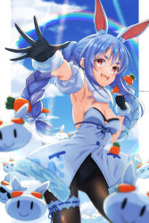  animal_ear_fluff animal_ears armpits black_gloves black_pantyhose blue_eyes blue_sky blush braid breasts carrot cleavage cloud dress female frilled_thigh_strap gloves hair_between_eyes highres hololive long_hair medium_breasts open_mouth orange_eyes pantyhose pekomon_(usada_pekora) rabbit_ears rabbit_girl rainbow sky smile strapless strapless_dress sunlight thigh_strap twin_braids usada_pekora virtual_youtuber white_dress yanu 