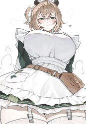  absurdres animal_ears apron blush breasts brown_hair dress ewn female green_dress green_eyes hair_between_eyes hat highres indie_virtual_youtuber large_breasts looking_at_viewer medium_hair nimi_nightmare nurse_cap one_side_up round_collar simple_background smile solo tapir_ears tapir_girl thighhighs virtual_youtuber white_apron white_background 