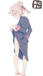  absurdres bare_legs barefoot black_jacket black_skirt blush brown_eyes clothes_lift commentary copyright_name double_bun female from_behind hair_bun hair_ribbon highres jacket jibijibipen kneepits lifting_own_clothes long_sleeves looking_down onii-chan_wa_oshimai! oyama_mahiro panties panty_peek pigeon-toed red_ribbon ribbon simple_background skirt skirt_lift solo standing underwear white_background white_panties 