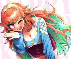  breasts cleavage colored_inner_hair ddolbang female fishnets green_hair highres hololive hololive_english large_breasts long_hair messy_hair miniskirt multicolored_hair official_alternate_costume official_alternate_hairstyle one_eye_closed open_mouth orange_hair purple_eyes simple_background skirt smile takanashi_kiara takanashi_kiara_(fever_night) two-tone_hair virtual_youtuber white_background 