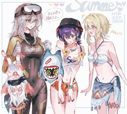  4girls @_@ belle_(zenless_zone_zero) bikini blonde_hair blue_hair blue_sarong breasts bucket_hat covered_navel diving_suit dress genshin_impact green_eyes grey_hair hat highres honkai:_star_rail honkai_(series) lumine_(genshin_impact) medium_breasts medium_hair mihoyo multiple_girls navel official_alternate_costume orange_shorts paimon_(genshin_impact) sarong shirt short_hair short_hair_with_long_locks short_shorts shorts speech_bubble stelle_(honkai:_star_rail) swimsuit tied_shirt trailblazer_(honkai:_star_rail) translation_request upside-down white_bikini white_dress white_hair x_x_(batttsu_404) yellow_eyes zenless_zone_zero 