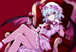  absurdres ambiguous_red_liquid ascot bat_wings blue_hair blush bow breasts brooch collared_shirt commentary crossed_legs cup drinking_glass female frilled_shirt_collar frilled_skirt frills hat hat_ribbon highres holding holding_cup jewelry looking_at_viewer mob_cap oerba_yun_fang open_mouth pioartstuff pointy_ears puffy_short_sleeves puffy_sleeves red_ascot red_background red_bow red_brooch red_eyes red_nails red_ribbon red_shoes remilia_scarlet ribbon shirt shoes short_sleeves simple_background sitting sitting_on_throne skirt sleeve_bow small_breasts smile socks solo thighs touhou white_hat white_shirt white_skirt white_socks wine_glass wings wrist_cuffs 