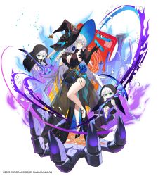  absurdres black_dress black_flower black_gloves black_hat black_rose black_shoes blue_fire blue_flower blue_rose breasts broken broken_chain chains commentary copyright_notice doll dress dress_flower elbow_gloves fire flower full_body gloves green_eyes hand_on_own_chest hat hat_flower high_heels highres holding holding_scythe large_breasts leg_up long_hair looking_at_viewer marion_neymar official_art plunging_neckline purple_fire rose scythe see-through_clothes see-through_skirt shoes shotgunman side_slit simple_background single_elbow_glove single_glove skirt standing standing_on_one_leg strappy_heels twinkle_star_knights white_background white_hair witch witch_hat 
