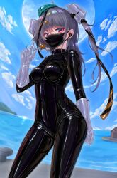  alternate_costume aqua_hat black_bodysuit black_ribbon blue_sky bodysuit breasts candy day female food garrison_cap gloves grey_hair hair_ornament hat headgear highres holding holding_candy holding_food kantai_collection latex latex_bodysuit lollipop long_hair mask medium_breasts mouth_mask ocean outdoors red_eyes ribbon riretsuto scamp_(kancolle) shiny_clothes skin_tight sky solo standing star_(symbol) star_hair_ornament very_long_hair white_gloves 