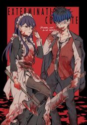  1boy adjusting_eyewear apron axe black_boots black_border black_collar black_hair black_jacket black_necktie black_pants black_pantyhose black_shirt blood blood_on_axe blood_on_clothes blood_on_face blood_on_gloves blood_on_ground blood_on_weapon blue_hair bonesaw boots border clothes_lift collar commentary earrings english_commentary eye_print eyepatch female grey_eyes highres holding holding_axe holding_saw jacket jacket_on_shoulders jewelry konoha_kairi maid multicolored_hair necktie official_alternate_costume omokage_yugamu outside_border pants pantyhose print_eyepatch purple_hair red_background red_eyes red_vest saw shirt shizuhara_hiruko short_hair skirt skirt_lift smile the_hundred_line_-last_defense_academy- twitter_username vest weapon white_apron white_shirt 
