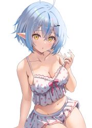  ahoge bare_arms blue_hair blue_nails breasts camisole character_hair_ornament cleavage collarbone colored_tips commentary_request crossed_bangs daifuku_(yukihana_lamy) double-parted_bangs female frilled_camisole frilled_skirt frills hair_between_eyes hair_ornament hairclip heart heart_ahoge highres hololive large_breasts looking_at_viewer midriff multicolored_hair nail_polish navel official_alternate_costume open_mouth polka_dot polka_dot_camisole polka_dot_skirt short_hair sitting skirt sleepwear solo strap_lift streaked_hair tooo88 virtual_youtuber white_camisole white_skirt yellow_eyes yukihana_lamy yukihana_lamy_(loungewear) 
