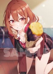  black_skirt black_sweater_vest blurry blurry_background blush breasts brown_eyes brown_hair collared_shirt commentary_request crossed_bangs depth_of_field diagonal-striped_clothes diagonal-striped_necktie double-parted_bangs female food hair_between_eyes headphones headphones_around_neck highres holding holding_food incoming_food indoors jacket kneeling kohinata_iroha_(imouuzai) large_breasts leaning_forward long_sleeves looking_at_viewer loose_necktie medium_hair miniskirt necktie official_art open_clothes open_jacket plaid_clothes plaid_skirt red_jacket red_necktie roasted_sweet_potato sample_watermark school_uniform shirt skirt smile solo striped_clothes sweater_vest sweet_potato tomari_(veryberry00) tomodachi_no_imouto_ga_ore_ni_dake_uzai translation_request watermark white_shirt wing_collar 