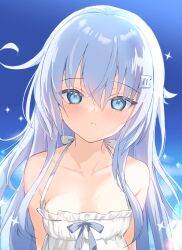  absurdres bare_shoulders blue_bow blue_eyes blue_hair blue_sky blush bow breasts closed_mouth cloud collarbone commentary_request day dress female hair_between_eyes hair_ornament hibiki_(kancolle) highres kantai_collection long_hair looking_at_viewer motohara_moka outdoors roman_numeral sky sleeveless sleeveless_dress small_breasts solo very_long_hair white_dress 