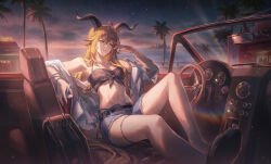  animal_ears arknights black_bra blonde_hair bra car closed_mouth crossed_bangs degenbrecher_(arknights) denim denim_shorts female goat_ears goat_girl goat_horns hair_between_eyes helen_zzhao highres horns long_hair looking_to_the_side motor_vehicle navel ocean orange_eyes shirt shorts sidelocks solo stomach underwear white_shirt 