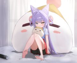  ahoge bike_shorts blue_eyes blush cone_hair_bun female gamble_0 hair_bun hair_ornament hair_rings heterochromia highres inari_(tenko_shibuki) pom_pom_(clothes) pom_pom_hair_ornament purple_hair stellive tenko_shibuki virtual_youtuber yellow_eyes 