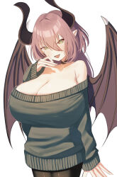  absurdres breasts brown_collar brown_eyes brown_hair brown_pantyhose cleavage collar commentary_request demon_girl demon_horns demon_wings double-parted_bangs female green_sweater hair_between_eyes hand_on_own_cheek hand_on_own_face highres horns huge_breasts long_sleeves looking_at_viewer nanashi_nasi off-shoulder_sweater off_shoulder open_mouth original pantyhose pointy_ears short_hair simple_background sleeves_past_wrists smile sweater upper_body white_background wings 