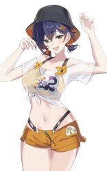  belle_(summer_skies)_(zenless_zone_zero) belle_(zenless_zone_zero) bikini bikini_under_shorts blue_hair bucket_hat cowboy_shot crossed_bangs female gaohuang43450 green_eyes hair_ornament hat highres letter_hair_ornament navel off-shoulder_shirt off_shoulder official_alternate_costume orange_bikini orange_shorts see-through_clothes see-through_shirt shirt short_hair short_shorts short_twintails shorts simple_background smile swimsuit tied_shirt twintails white_shirt zenless_zone_zero 