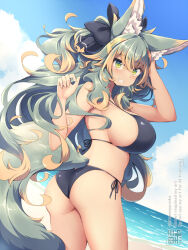  animal_ears beach bikini black_bikini blue_sky breasts cloud commentary_request day female green_hair halterneck kuromiya kuromiya_raika_(kuromiya) large_breasts long_hair looking_at_viewer multicolored_hair ocean orange_hair original outdoors side-tie_bikini_bottom sky solo string_bikini swimsuit two-tone_hair 
