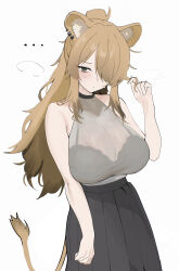  ... absurdres ammak animal_ear_fluff animal_ear_piercing animal_ears bare_arms bare_shoulders black_bra black_choker black_skirt blonde_hair blush bra bra_visible_through_clothes breasts choker cleavage closed_mouth commentary_request female green_eyes grey_shirt hair_over_one_eye hand_up high_ponytail highres large_breasts lion_ears lion_girl lion_tail long_hair looking_at_viewer one_eye_covered original parted_bangs ponytail see-through_cleavage see-through_clothes shirt simple_background skirt sleeveless sleeveless_shirt solo sweat tail twirling_hair underwear white_background 