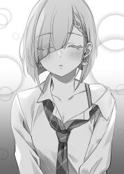  blush bra_strap braid breasts collared_shirt commentary_request diagonal-striped_clothes diagonal-striped_necktie earrings eyes_visible_through_hair facing_viewer female greyscale hair_over_one_eye jewelry loose_necktie monochrome necktie novel_illustration off_shoulder official_art parted_lips school_uniform shirt short_hair solo striped_clothes tomari_(veryberry00) tomodachi_no_imouto_ga_ore_ni_dake_uzai tsukinomori_mashiro upper_body wing_collar 