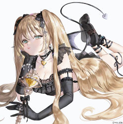  black_gloves black_socks blonde_hair breasts cleavage demon_tail demon_wings elbow_gloves female frilled_socks frills gloves green_eyes hair_between_eyes hand_on_own_cheek hand_on_own_face heart_ring highres holding jewelry looking_at_viewer lying on_stomach original oto1_030 ring socks solo tail twintails white_background wings 