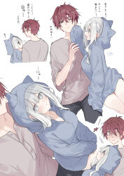  1boy black_pants blue_hoodie blush breasts closed_mouth commentary_request eye_contact female fuyukawa_kagari grey_eyes grey_hair grey_shirt hair_between_eyes hakanai_kimi_wa_moukou_wo_hajimeru hood hood_up hoodie kazutake_hazano large_breasts long_hair long_sidelocks looking_at_another open_mouth pants parted_lips red_eyes red_hair shirt short_hair short_sleeves sidelocks simple_background sitting terui_soushichi translation_request white_background 