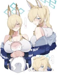  1boy animal_ear_fluff animal_ears bare_shoulders blonde_hair blue_archive blue_eyes blue_halo blue_jacket blush breasts cleavage closed_eyes collarbone dog_ears doodle_sensei_(blue_archive) extra_ears female gurenola hair_over_one_eye halo highres hug jacket kanna_(blue_archive) kanna_(swimsuit)_(blue_archive) large_breasts long_hair looking_at_viewer looking_back notched_ear one-piece_swimsuit ponytail rectangular_halo sensei_(blue_archive) sharp_teeth sidelocks strangling swimsuit teeth white_one-piece_swimsuit 