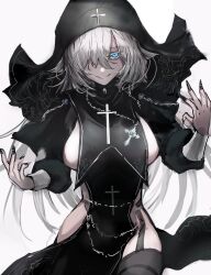  absurdres black_dress black_thighhighs breasts chain_necklace chains character_request chuhaibane commission copyright_request cross cross_necklace dress female fingernails garter_straps hair_over_one_eye highres jewelry looking_at_viewer necklace nun pelvic_curtain sharp_fingernails skeb_commission solo thighhighs veil white_background white_hair 