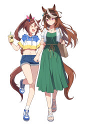  2girls :d ^_^ animal_ears bag blue_shorts blush breasts brown_hair cleavage closed_eyes commentary_request crop_top cropped_jacket cup denim denim_shorts disposable_cup drawstring dress drinking_straw green_dress hair_between_eyes holding holding_cup hood hood_down hoodie horse_ears horse_girl horse_tail jacket long_hair mauve medium_breasts midriff multicolored_hair multiple_girls navel open_clothes open_jacket ponytail puffy_short_sleeves puffy_sleeves sandals shoes short_shorts short_sleeves shorts simple_background smile standing standing_on_one_leg striped_clothes striped_hoodie symboli_rudolf_(umamusume) tail tokai_teio_(umamusume) two-tone_hair umamusume very_long_hair walking white_background white_hair white_jacket white_sandals white_shoes 