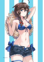  bikini black_hair black_shorts blue_bikini blue_eyes braid breasts cleavage commentary_request cowboy_shot cutoffs denim denim_shorts female front-tie_bikini_top front-tie_top hair_between_eyes hair_flaps hair_over_shoulder hat highres kantai_collection long_hair medium_breasts official_alternate_costume open_fly shigure_(kancolle) shigure_kai_san_(kancolle) shigure_kai_san_(swimsuit)_(kancolle) shorts side-tie_bikini_bottom single_braid solo straw_hat striped_background sugue_tettou swimsuit 