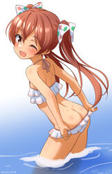  ass bikini bikini_skirt bow brown_eyes brown_hair dark-skinned_female dark_skin female frilled_bikini frilled_tankini frills from_behind kantai_collection libeccio_(kancolle) libeccio_(swimsuit)_(kancolle) long_hair multicolored_polka_dots official_alternate_costume one-hour_drawing_challenge polka_dot polka_dot_bow ray.s ruffle_bikini simple_background smile solo swimsuit twintails wading water white_background white_bikini 